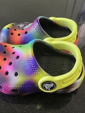 Kids Rainbow Crocs Slip-On Sandals with Neon Yellow Heel Strap